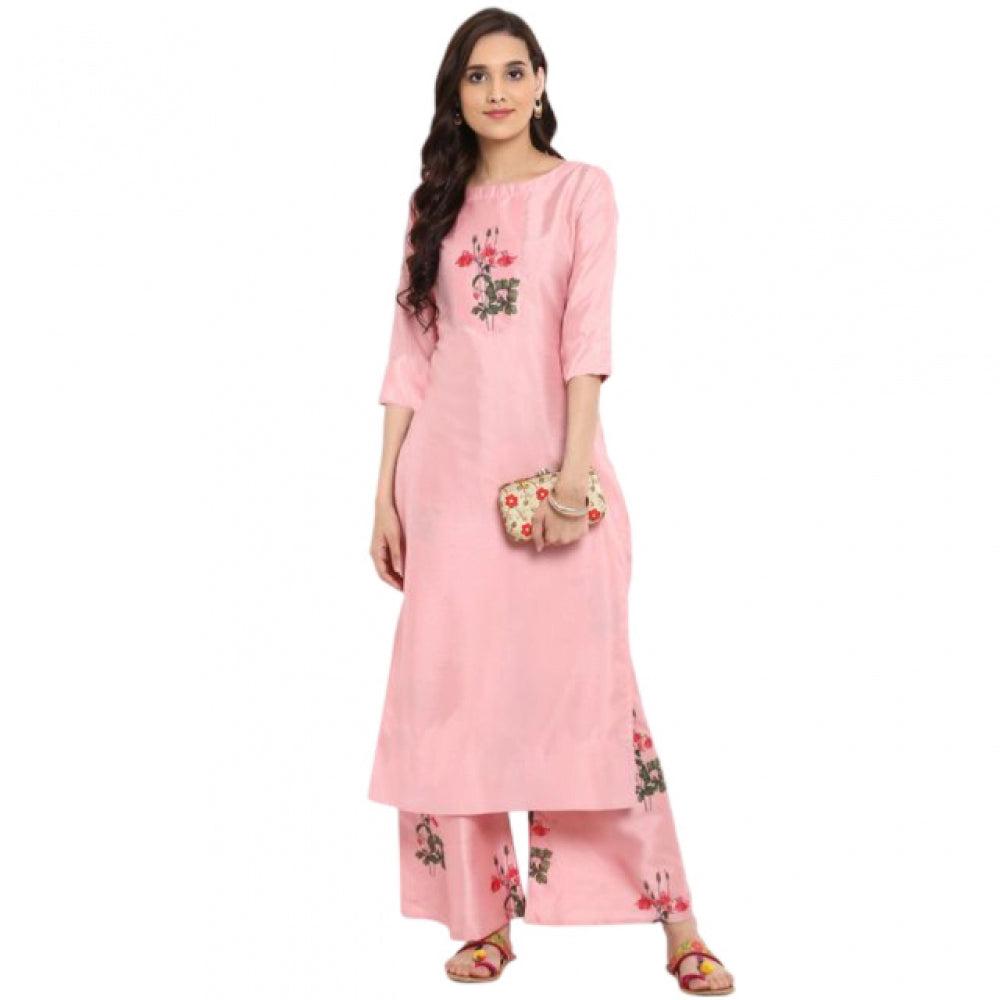 Roneclick Women's Casual 3-4Th Sleeve Floral Printed Poly Silk Kurti and Palazzo Set (Pink)