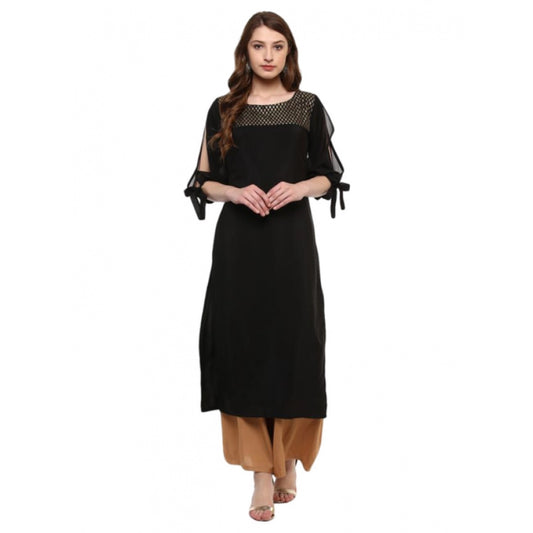 Roneclick Women's Casual 3-4Th Sleeve Solid Crepe Kurti (Black)