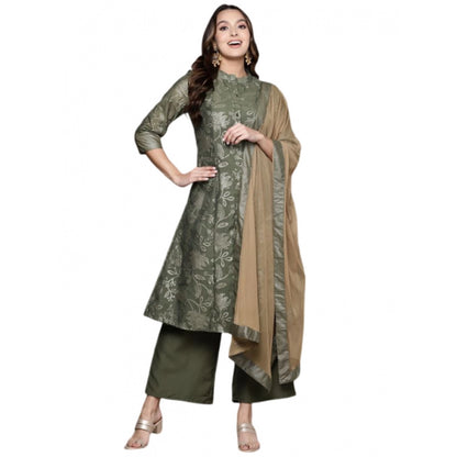 Roneclick Women's Casual 3-4Th Sleeve Floral Printed Chanderi Cotton Kurti Palazzo And Dupatta Set (Green)