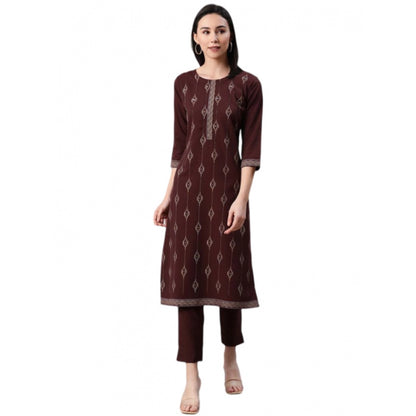 Roneclick Women's Casual 3-4Th Sleeve Ethnic Motifs Rayon Kurti And Pant Set (Brown)