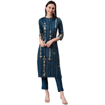 Roneclick Women's Casual 3-4Th Sleeve Floral Printed Rayon Kurti And Pant Set (Teal)