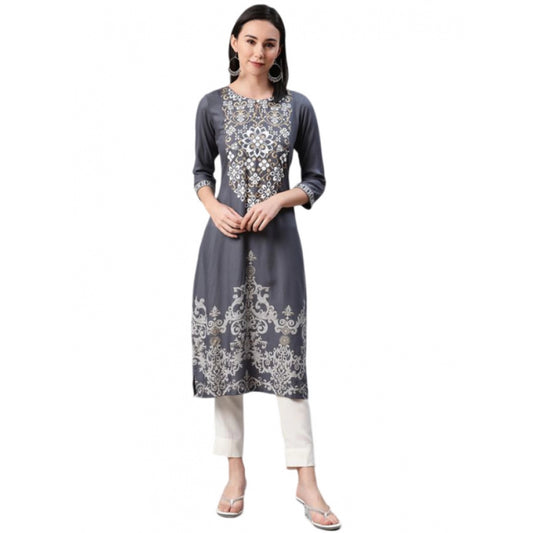 Roneclick Women's Casual 3-4Th Sleeve Floral Printed Rayon Kurti And Pant Set (Grey)