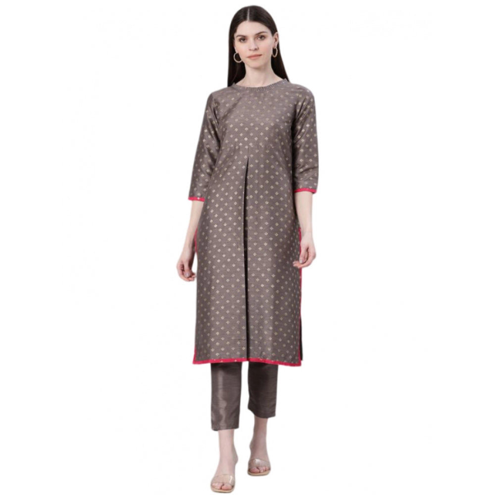 Roneclick Women's Casual 3-4Th Sleeve Ethnic Motifs Poly Silk Kurti And Pant Set (Grey)