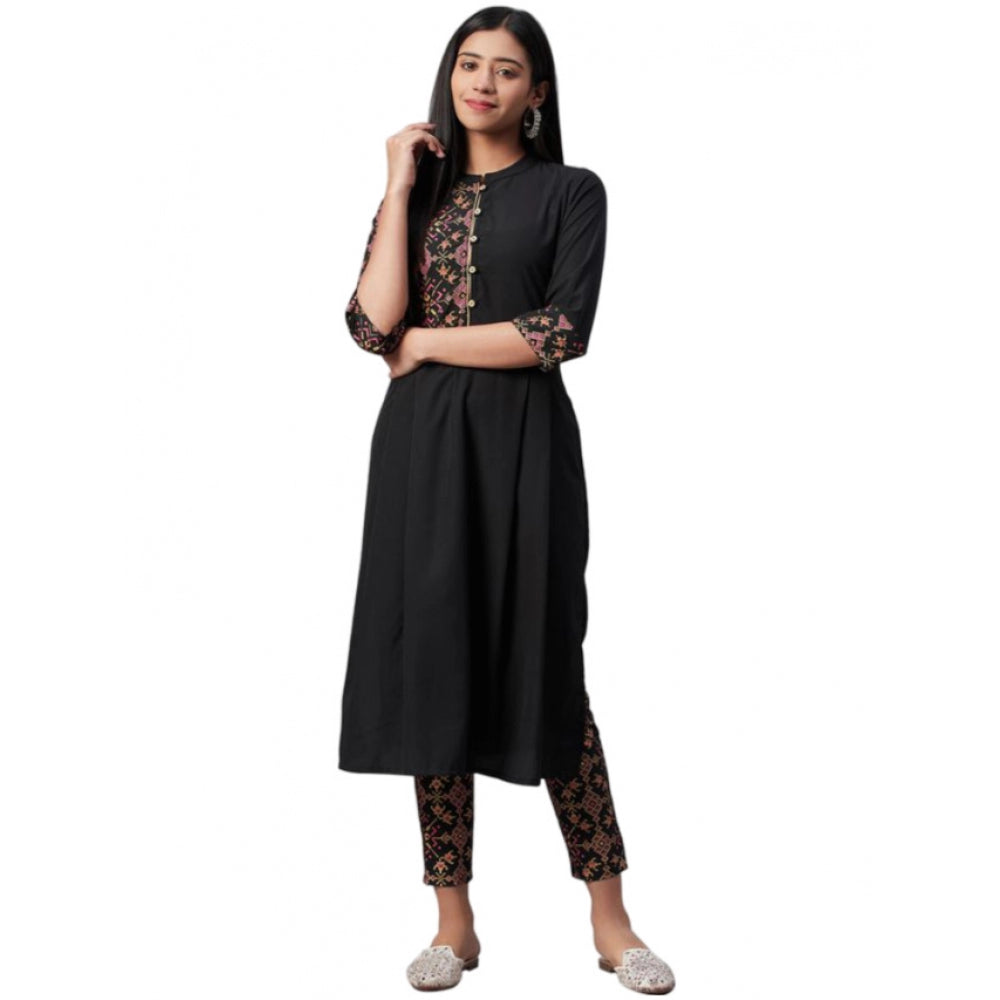 Roneclick Women's Casual 3-4Th Sleeve Geometric Crepe Kurti And Pant Set (Black)