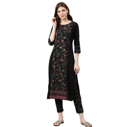 Roneclick Women's Casual 3-4Th Sleeve Floral Printed Crepe Kurti and Pant Set (Black)