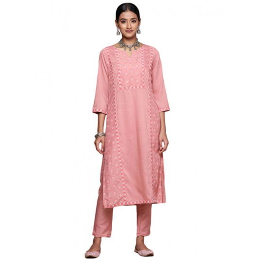 Roneclick Women's Casual 3-4Th Sleeve Floral Printed Chinon Kurti and Pant Set (Peach)