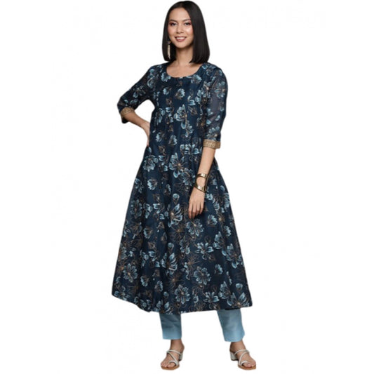 Roneclick Women's Casual 3-4Th Sleeve Floral Printed Chanderi Cotton Kurti And Pant Set (Navy Blue)