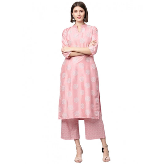 Roneclick Women's Casual 3-4Th Sleeve Floral Printed Poly Silk Kurti And Palazzo Set (Pink)