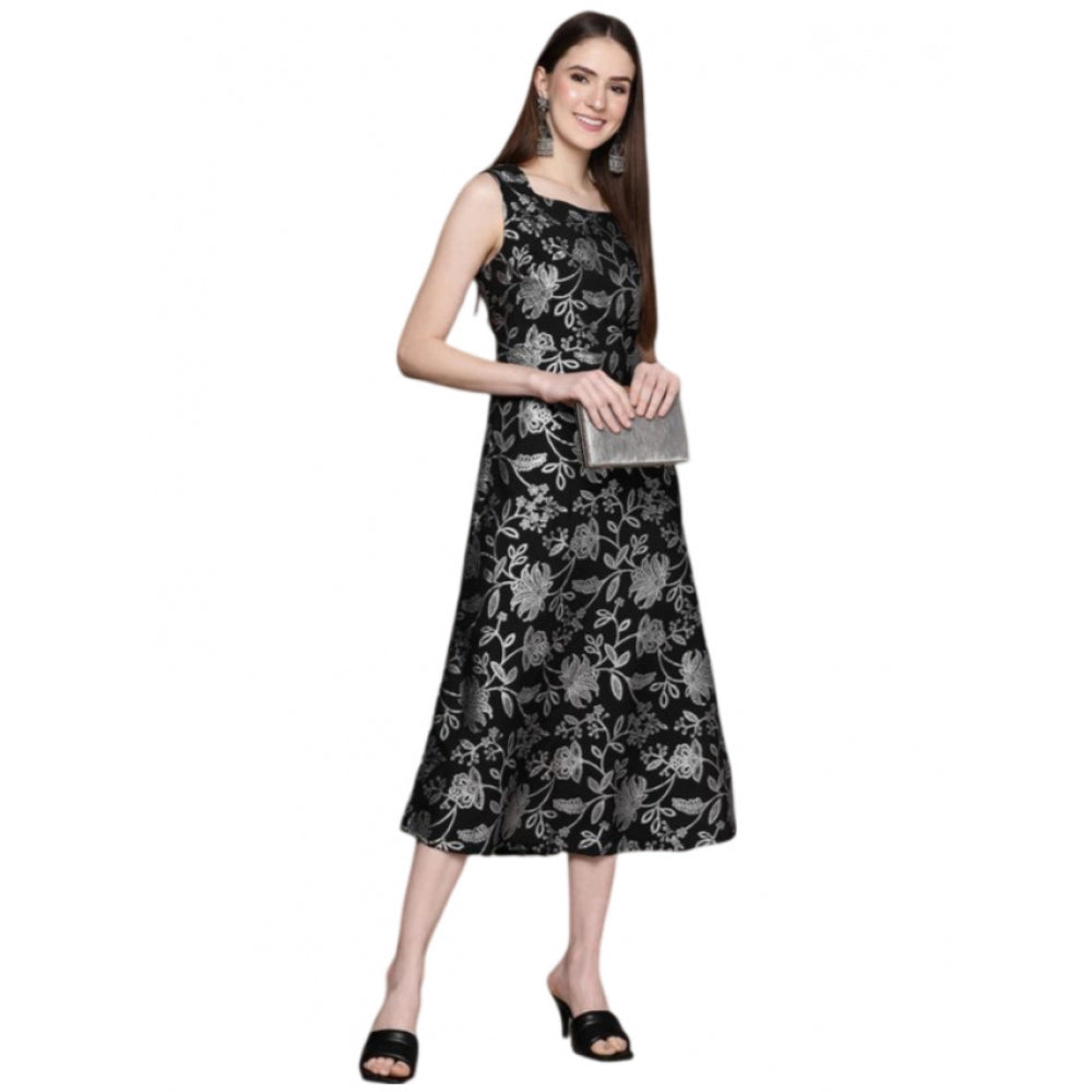 Roneclick Women's Casual Sleeveless Floral Printed Crepe Ethnic Dress (Black)