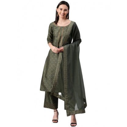 Roneclick Women's Casual 3-4Th Sleeve Ethnic Motifs Poly Silk KurtiPalazzo And Dupatta Set (Green)