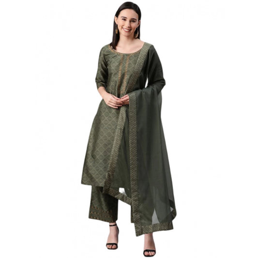 Roneclick Women's Casual 3-4Th Sleeve Ethnic Motifs Poly Silk KurtiPalazzo And Dupatta Set (Green)