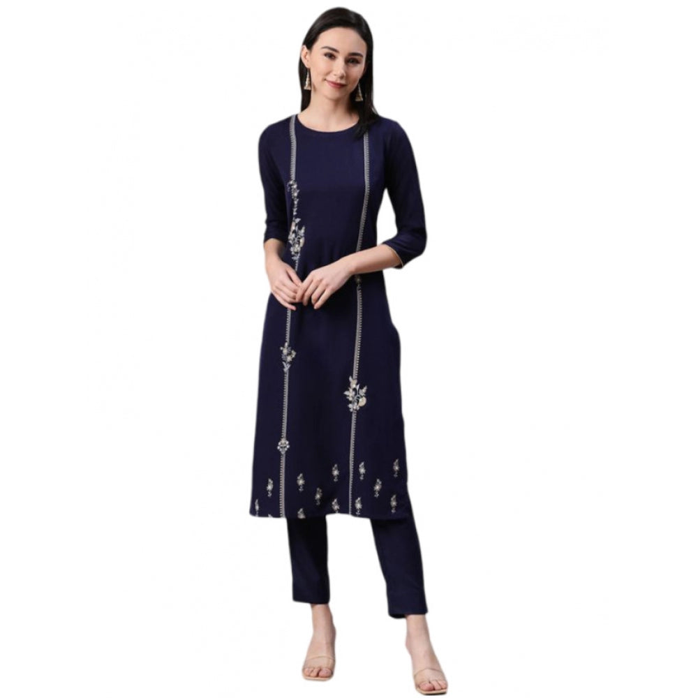 Roneclick Women's Casual 3-4Th Sleeve Floral Printed Rayon Kurti And Pant Set (Blue)