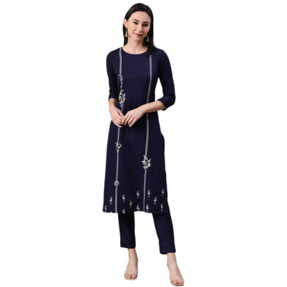 Roneclick Women's Casual 3-4Th Sleeve Floral Printed Rayon Kurti And Pant Set (Blue)