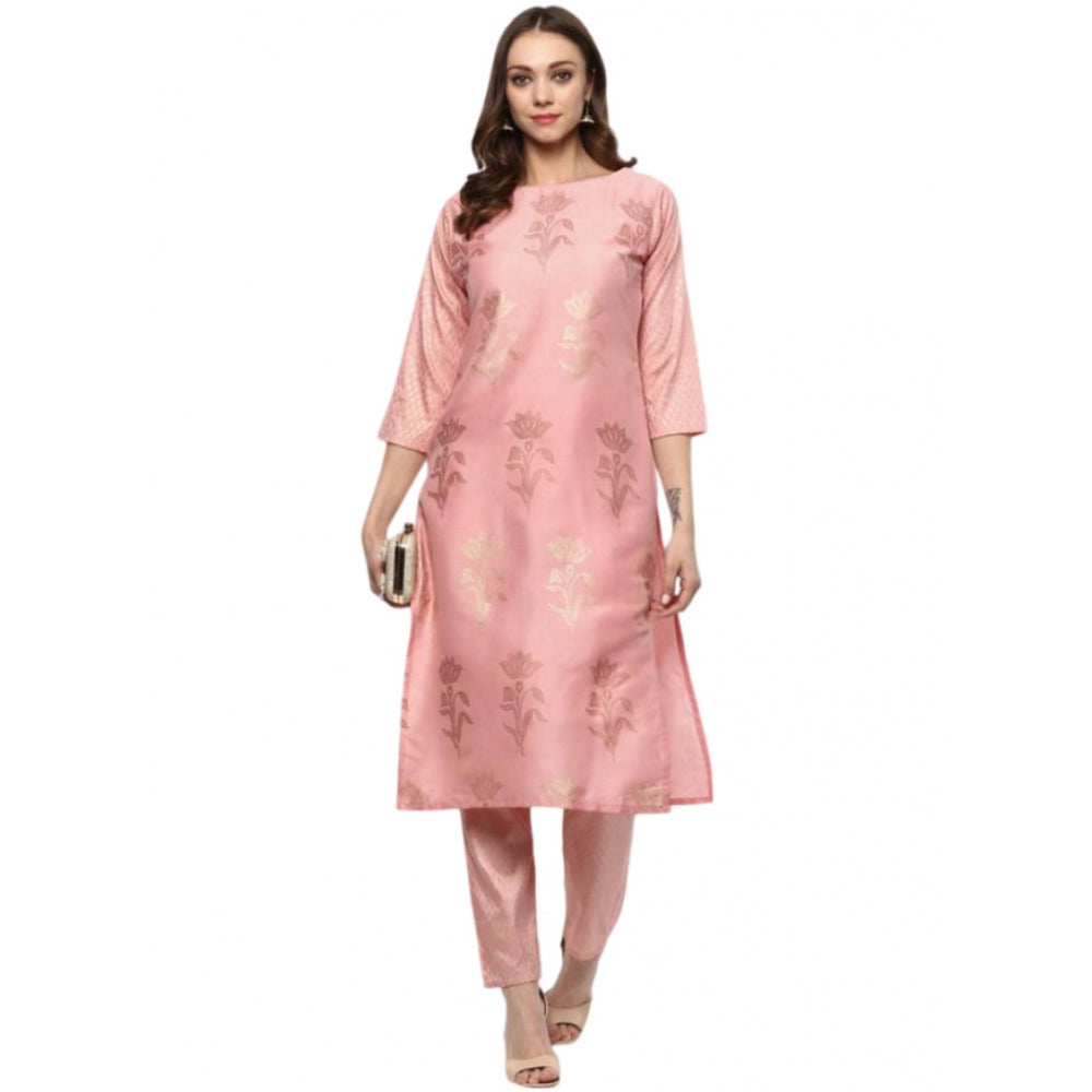 Roneclick Women's Casual 3-4Th Sleeve Floral Printed Poly Silk Kurti and Pant Set (Pink)