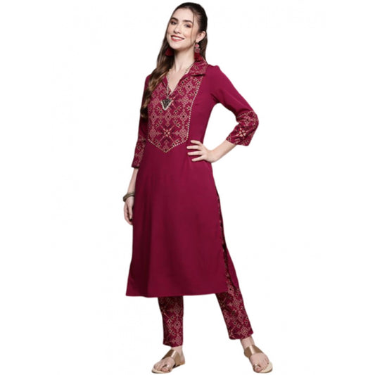 Roneclick Women's Casual 3-4Th Sleeve Geometric Crepe Kurti and Pant Set (Maroon)