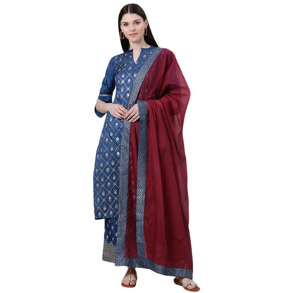 Roneclick Women's Casual 3-4Th Sleeve Floral Printed Poly Silk KurtiPalazzo And Dupatta Set (Blue)