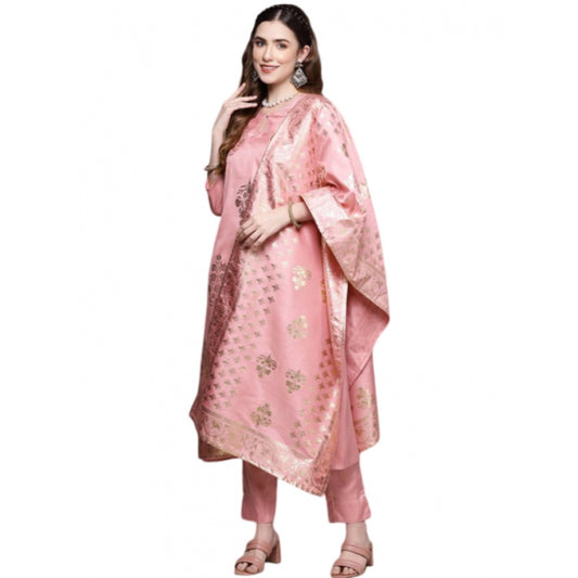 Roneclick Women's Casual 3-4Th Sleeve Floral Printed Poly Silk Kurti Pant And Dupatta Set (Light Pink)