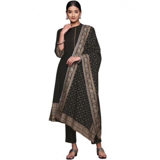 Roneclick Women's Casual 3-4Th Sleeve Ethnic Motifs Crepe Kurti Pant And Dupatta Set (Black)