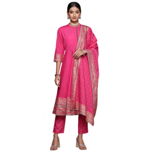 Roneclick Women's Casual 3-4Th Sleeve Ethnic Motifs Crepe Kurti Pant And Dupatta Set (Pink)