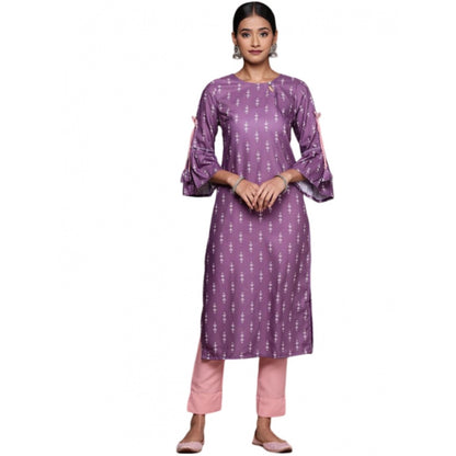 Roneclick Women's Casual 3-4Th Sleeve Ethnic Motifs Rayon Kurti And Pant Set (Lavender)