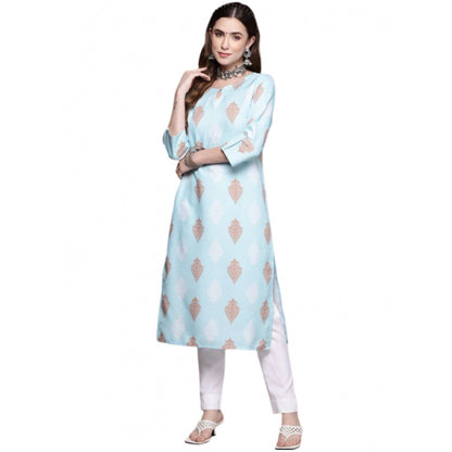 Roneclick Women's Casual 3-4Th Sleeve Ethnic Motifs Rayon Kurti And Pant Set (Sky Blue)