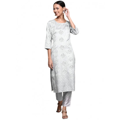 Roneclick Women's Casual 3-4Th Sleeve Floral Printed Poly Silk Kurti and Pant Set (Light Grey)