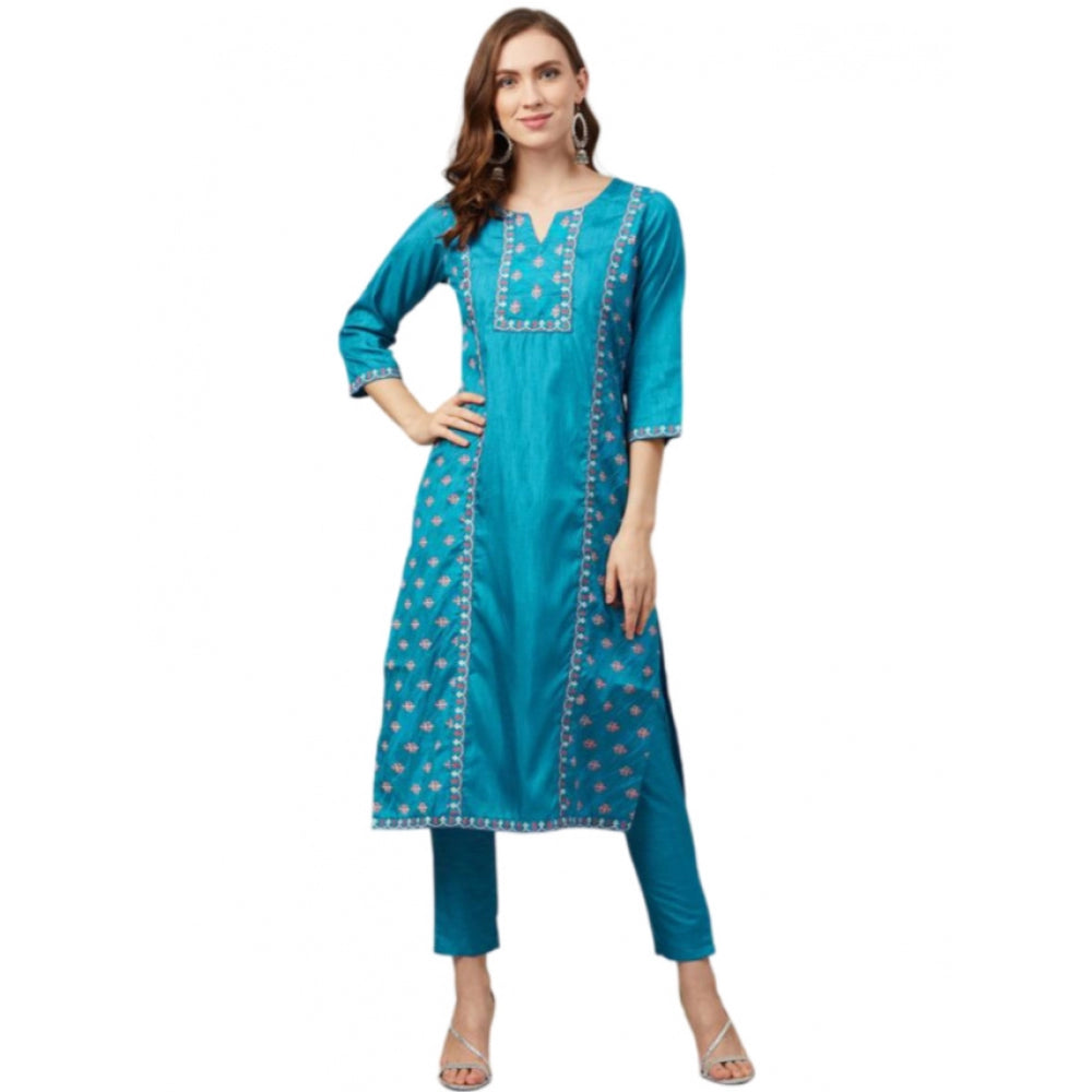 Roneclick Women's Casual 3-4Th Sleeve Floral Printed Poly Silk Kurti and Pant Set (Blue)