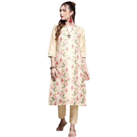 Roneclick Women's Casual 3-4Th Sleeve Floral Printed Poly Silk Kurti and Pant Set (Cream)