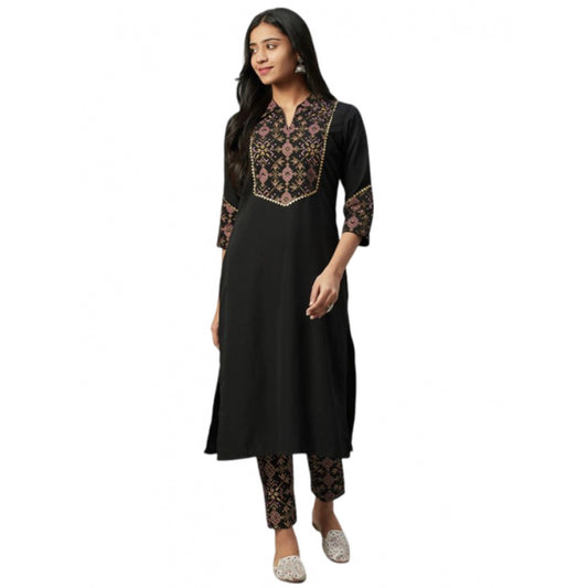 Roneclick Women's Casual 3-4Th Sleeve Geometric Crepe Kurti and Pant Set (Black)