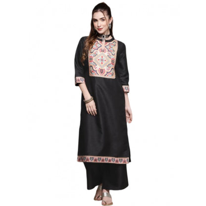 Roneclick Women's Casual 3-4Th Sleeve Floral Printed Poly Silk Kurti and Palazzo Set (Black)