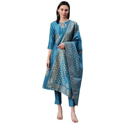 Roneclick Women's Casual 3-4Th Sleeve Ethnic Motifs Poly Silk Kurti Pant And Dupatta Set (Blue)