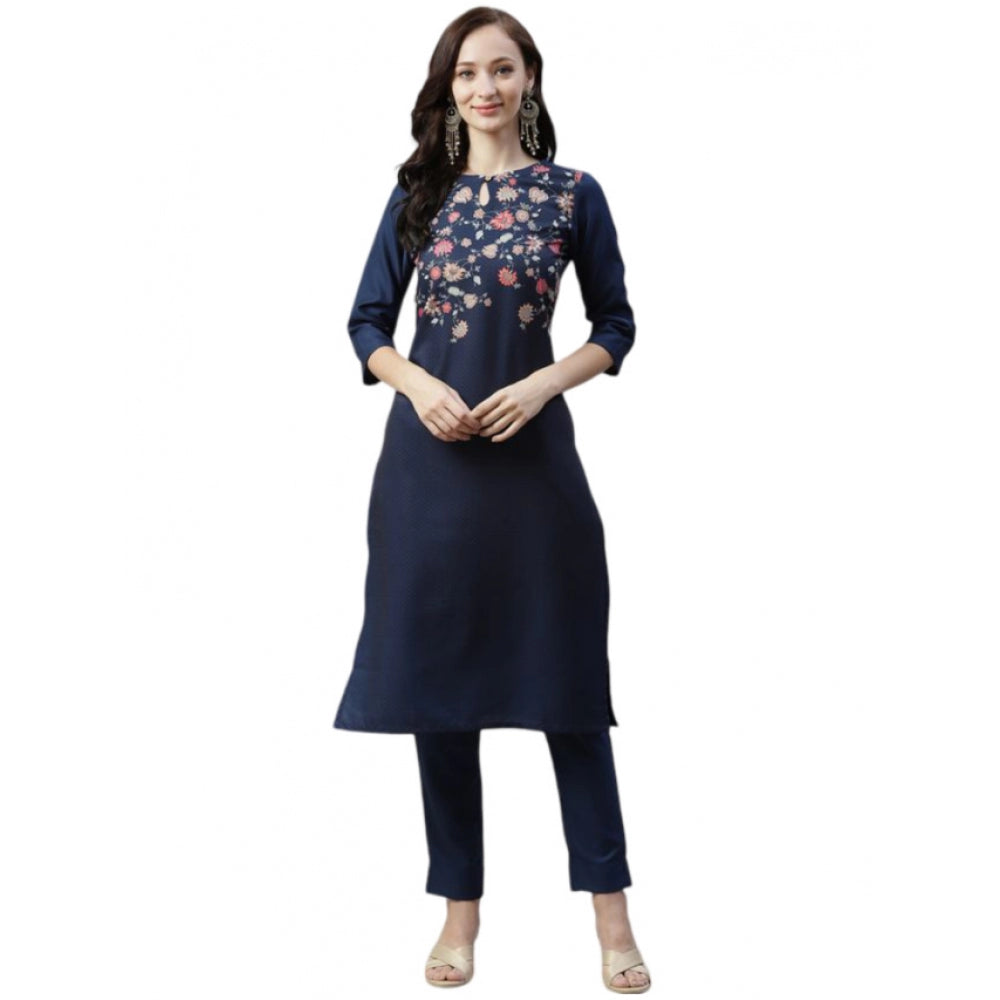 Roneclick Women's Casual 3-4Th Sleeve Floral Printed Rayon Kurti And Pant Set (Navy Blue)