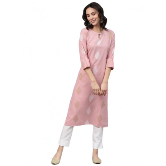 Roneclick Women's Casual 3-4Th Sleeve Ethnic Motifs Rayon Kurti And Pant Set (Pink)