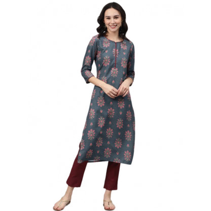 Roneclick Women's Casual 3-4Th Sleeve Floral Printed Rayon Kurti And Pant Set (Grey)