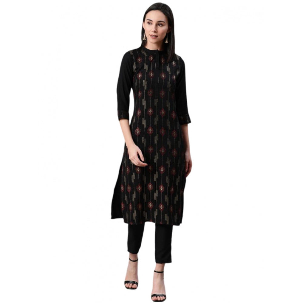 Roneclick Women's Casual 3-4Th Sleeve Ethnic Motifs Rayon Kurti And Pant Set (Black)