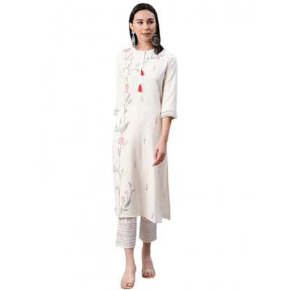 Roneclick Women's Casual 3-4Th Sleeve Floral Printed Rayon Kurti And Pant Set (Cream)