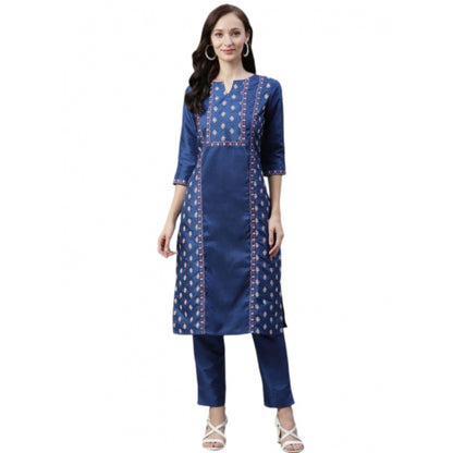 Roneclick Women's Casual 3-4Th Sleeve Floral Printed Poly Silk Kurti And Pant Set (Blue)