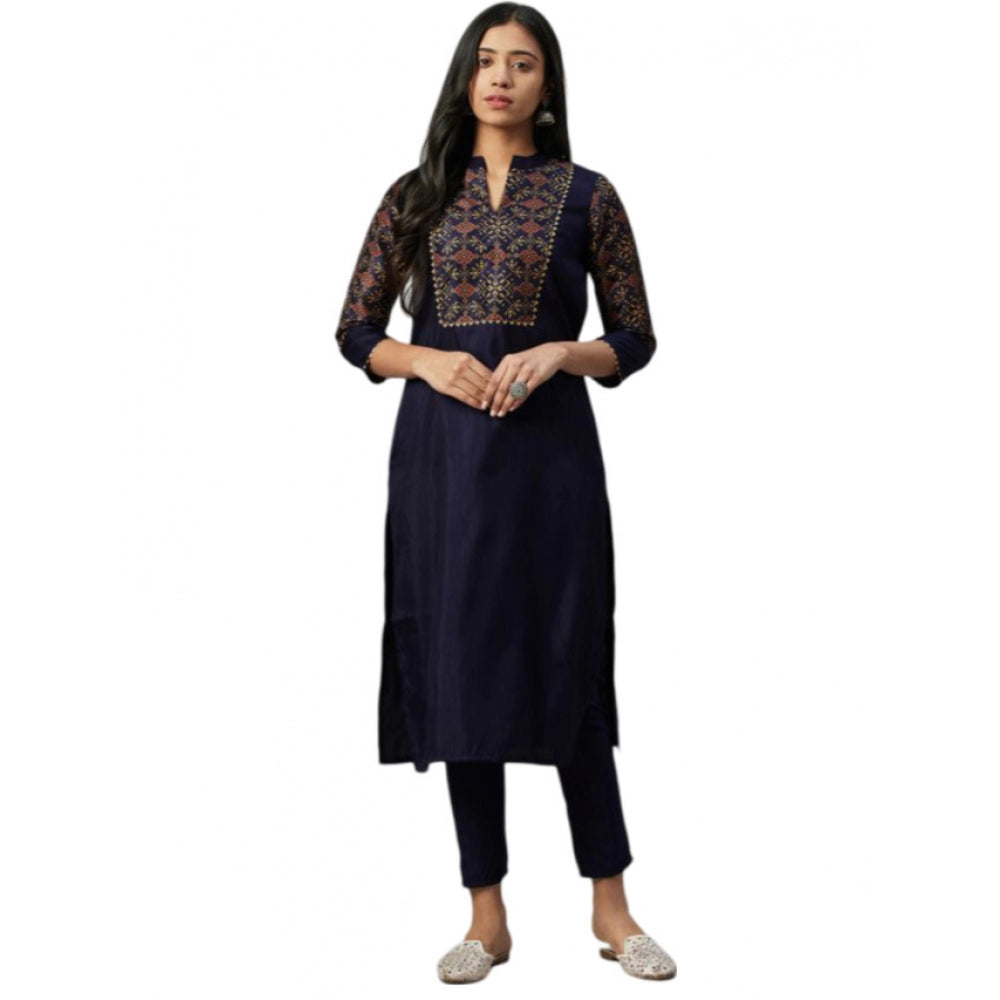 Roneclick Women's Casual 3-4Th Sleeve Ethnic Motifs Poly Silk Kurti and Pant Set (Blue)