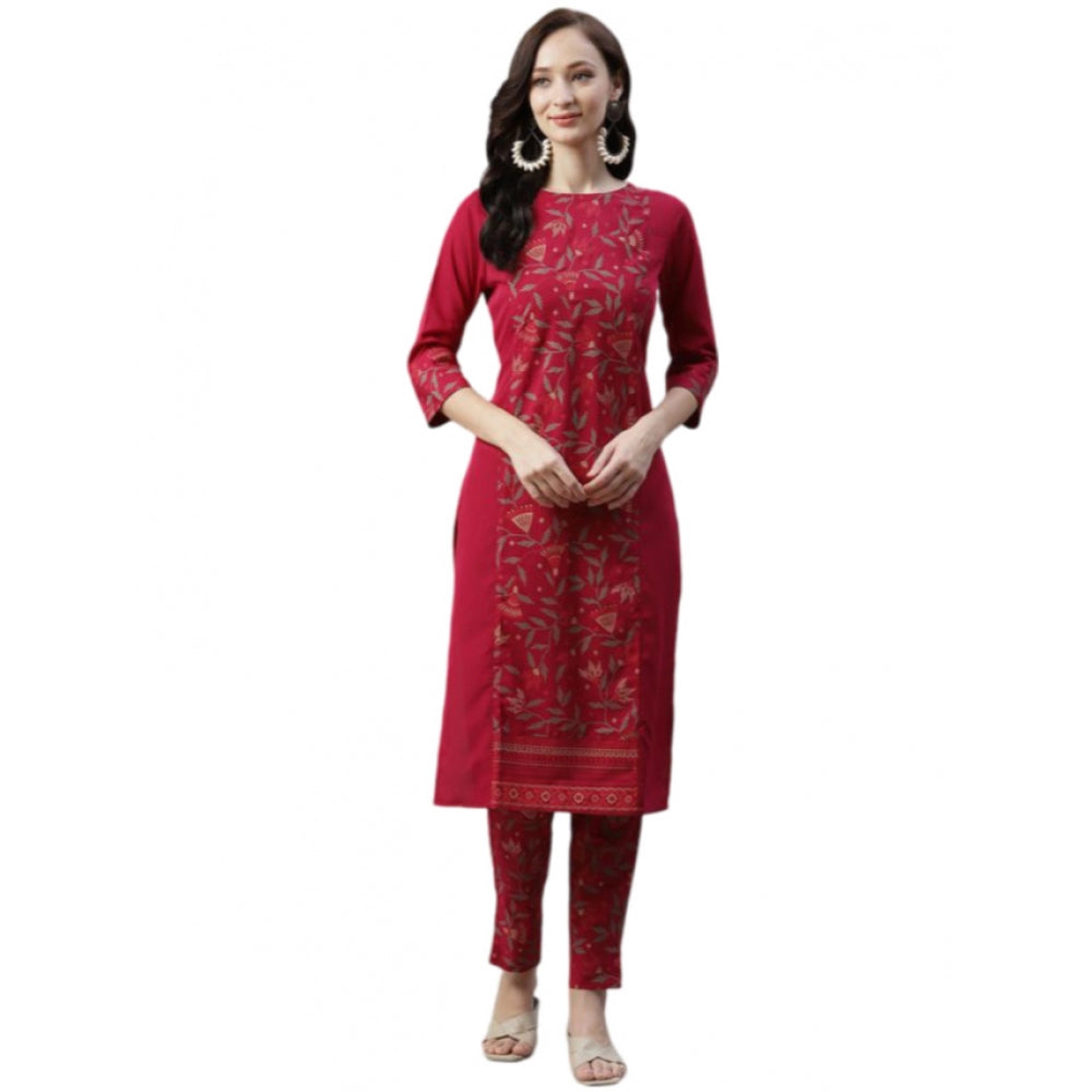 Roneclick Women's Casual 3-4Th Sleeve Floral Printed Crepe Kurti And Pant Set (Maroon)