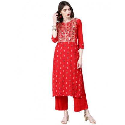 Roneclick Women's Casual 3-4Th Sleeve Floral Printed Rayon Kurti and Palazzo Set (Red)