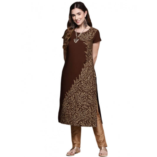 Roneclick Women's Casual Short Sleeves Floral Printed Crepe Kurti (Brown)