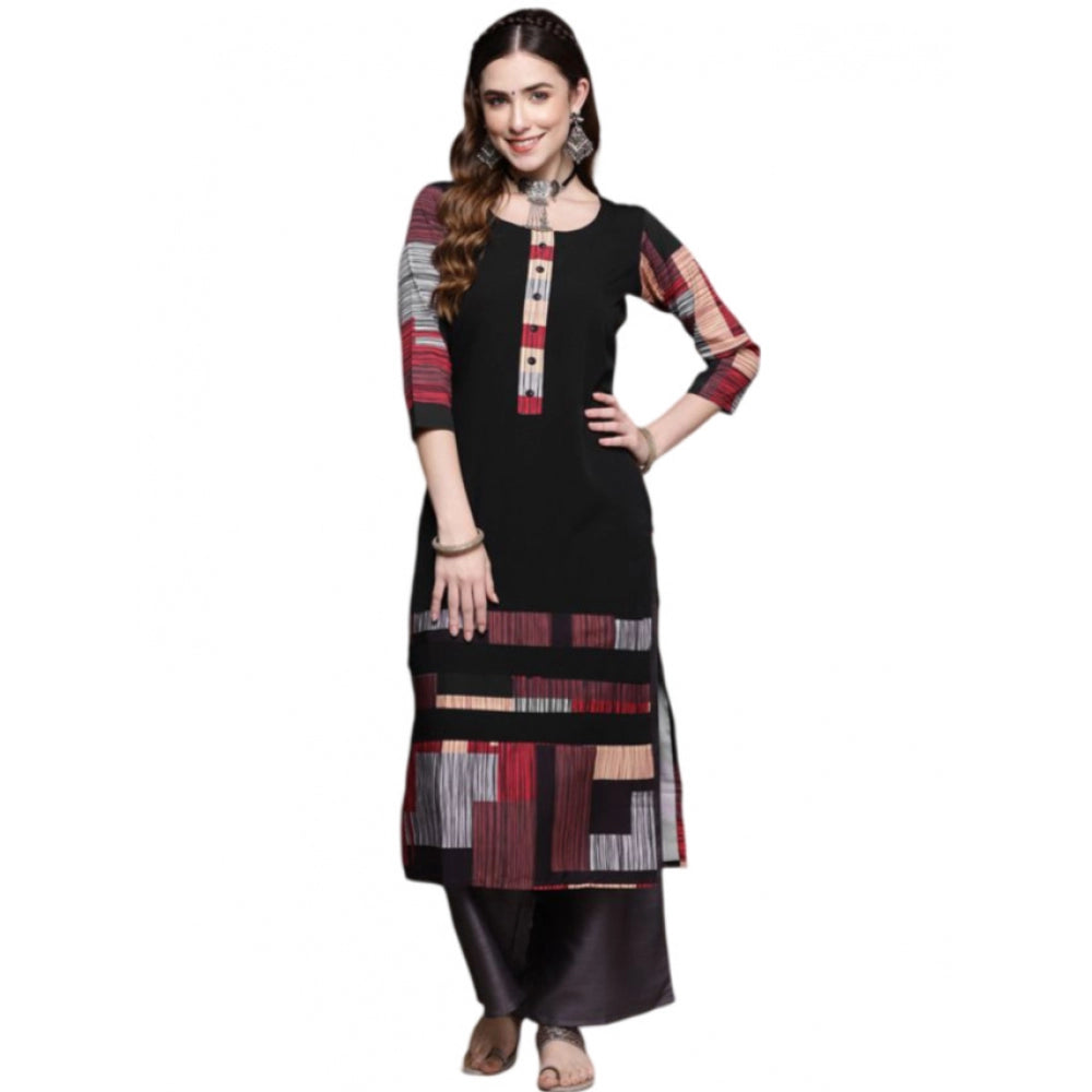 Roneclick Women's Casual 3-4Th Sleeve Ethnic Motifs Crepe Kurti (Black)