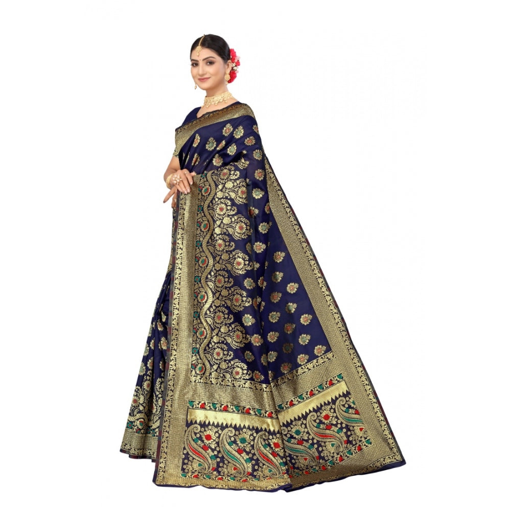 Roneclick Women's Banarasi Silk Designer Weaving Saree With Unstitched Blouse (Blue, 5.50 Mtrs)