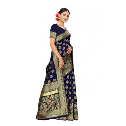 Roneclick Women's Banarasi Silk Designer Weaving Saree With Unstitched Blouse (Blue, 5.50 Mtrs)