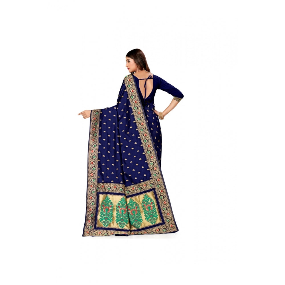 Roneclick Women's Banarasi Silk Designer Weaving Saree With Unstitched Blouse (Blue, 5.50 Mtrs)