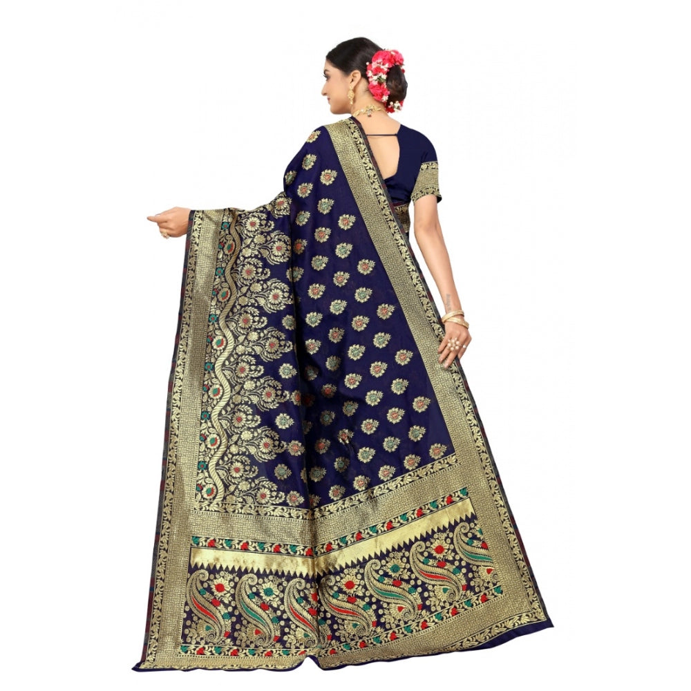 Roneclick Women's Banarasi Silk Designer Weaving Saree With Unstitched Blouse (Blue, 5.50 Mtrs)