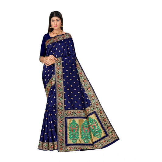 Roneclick Women's Banarasi Silk Designer Weaving Saree With Unstitched Blouse (Blue, 5.50 Mtrs)