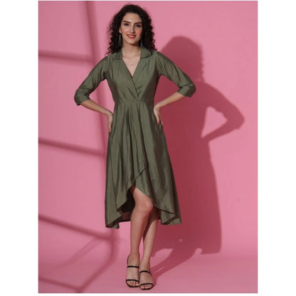 Roneclick Women's Casual 3-4th Sleeve Solid Chanderi silk Dress (Olive-Green)