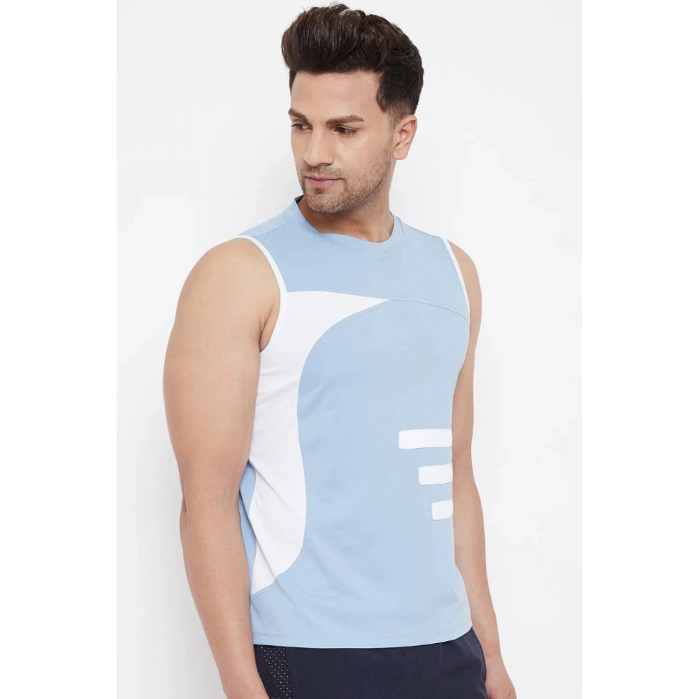 Roneclick Men's Striped Polyester Sleeveless T.Shirt (Blue)