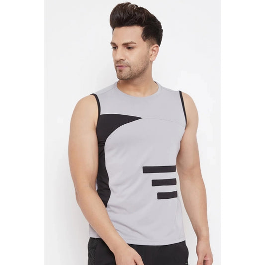 Roneclick Men's Striped Polyester Sleeveless T.Shirt (Grey)